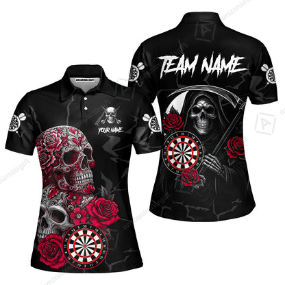 Customized Darts Women Polo Shirt, Darts Turquoise Skull Roses Dartboard Women Polo Shirt Style Jersey for Darts Players
