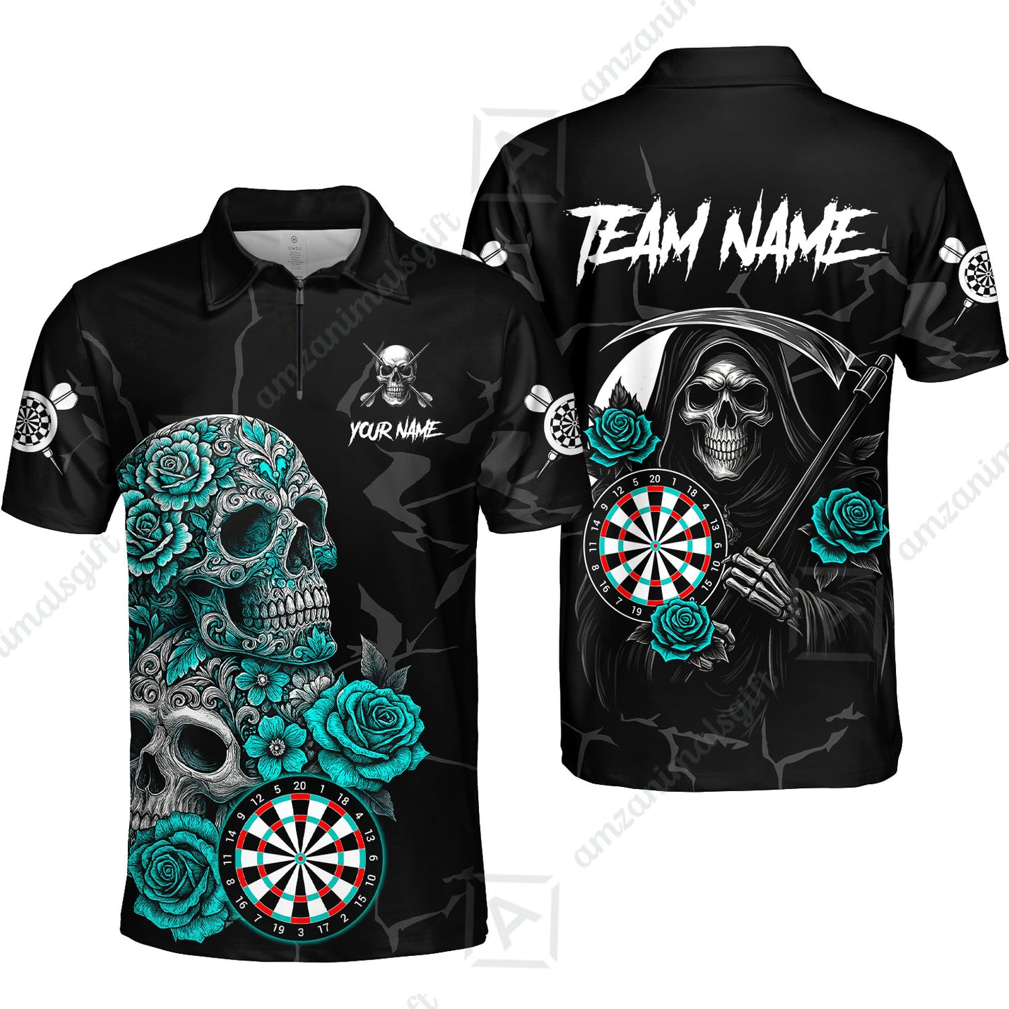 Customized Darts Quarter-Zip Polo Shirt, Darts Turquoise Skull Roses Dartboard Zip Polo Style Jersey for Darts Players