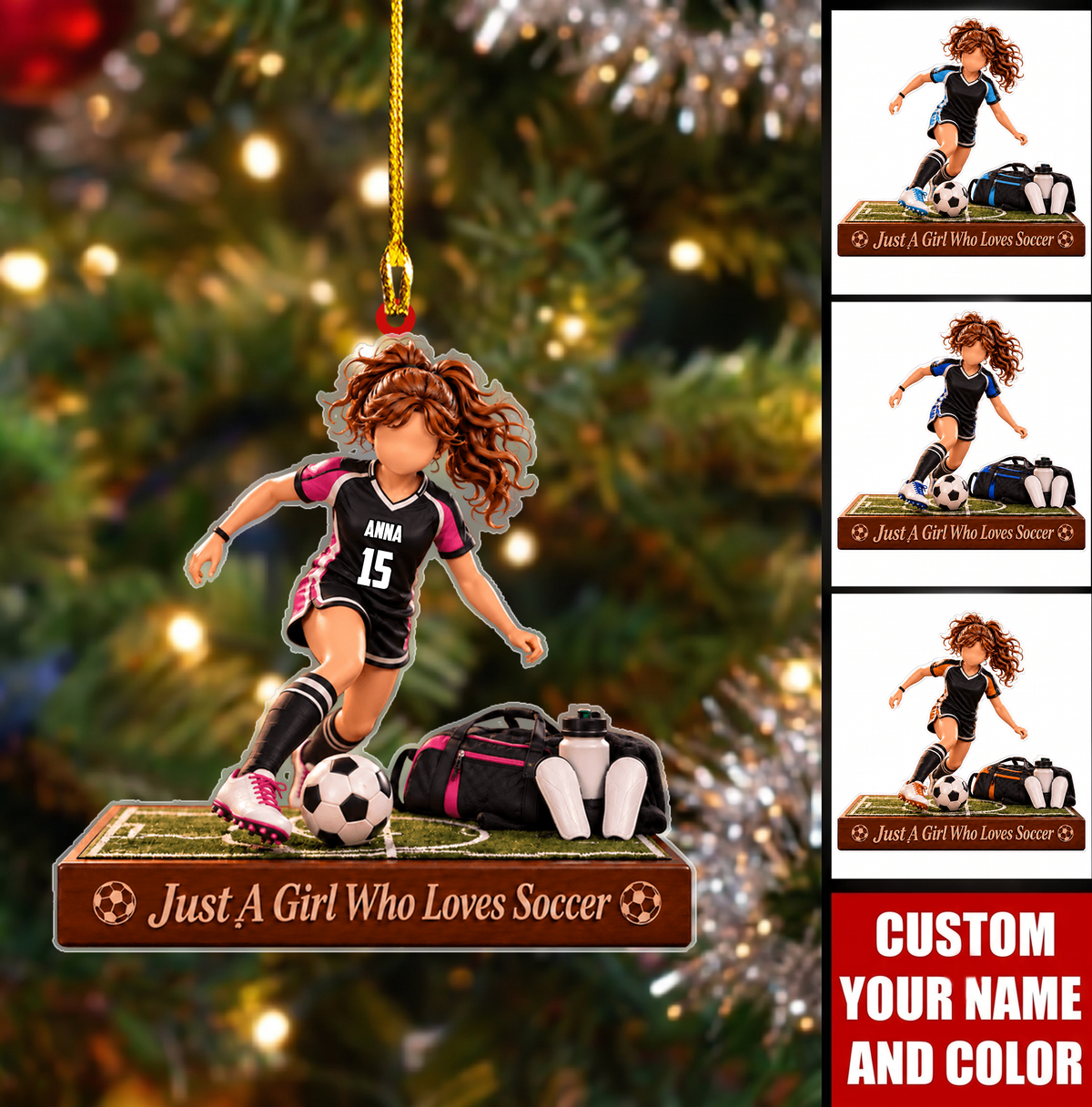 Personalized Girl Soccer Christmas Flat Printed Acrylic Ornament, Dribbling Action With Field Setup, Custom Ornament Christmas Gift, Keychain Soccer, Car Ornament Soccer