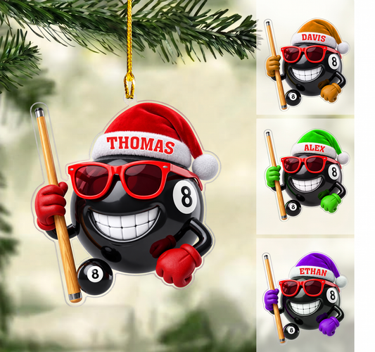 Personalized Billiards Christmas Ornament, Cool 8 Ball With Sunglasses And Cue, Custom Ornament Christmas Gift, Keychain Billiards, Car Ornament Billiards