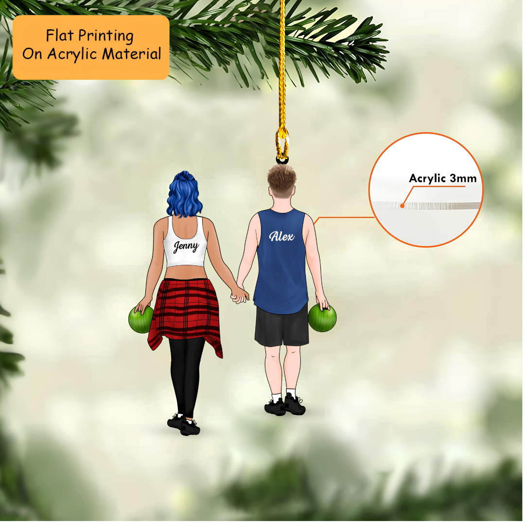 Personalized Bowling Date Christmas Ornament, Boyfriend And Girlfriend Holding Balls, Custom Ornament Christmas Gift, Keychain Bowling, Car Ornament Bowling
