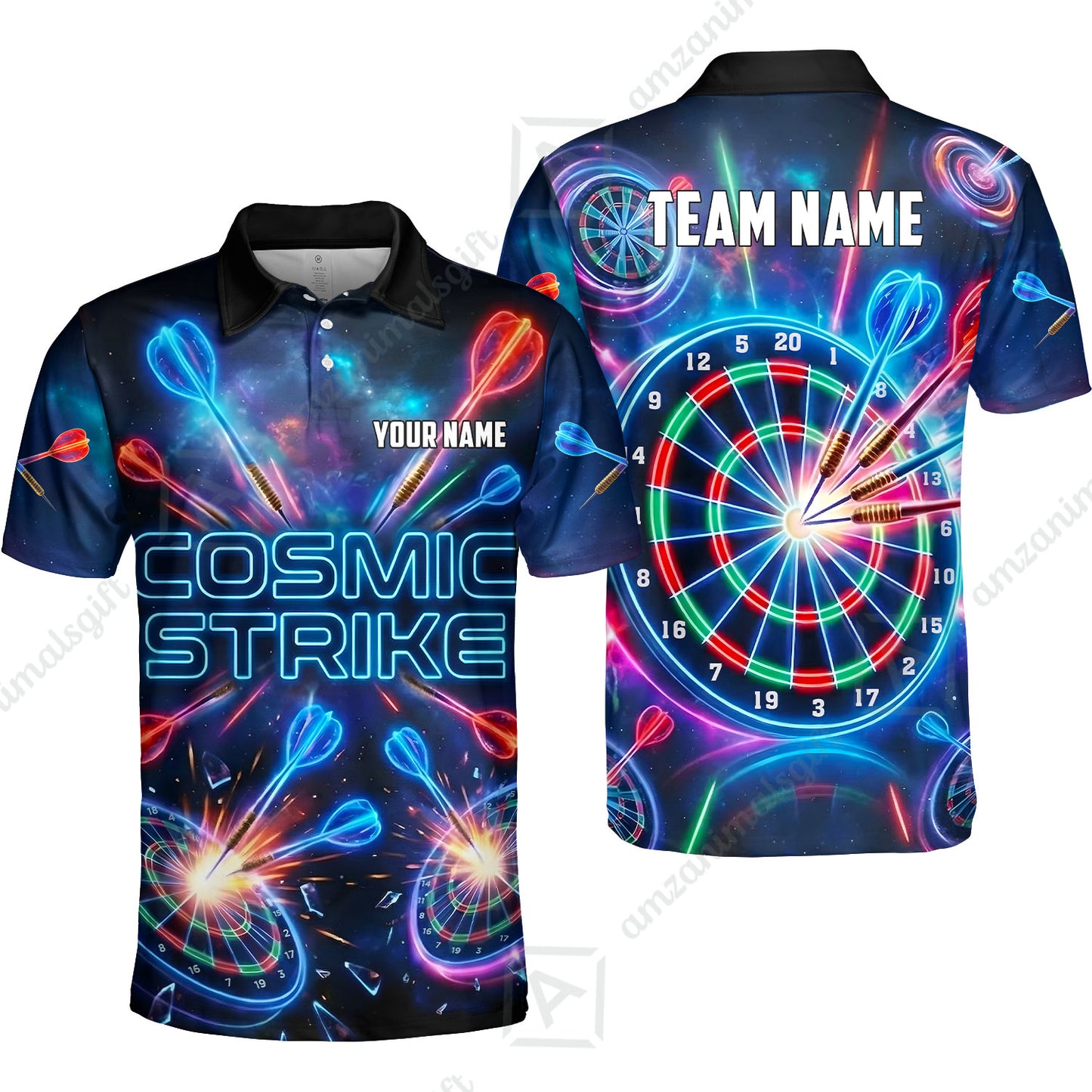 Custom Darts Team Jersey, Personalized Neon Galaxy Strike Darts Polo Shirt For Players With Name & Team Name