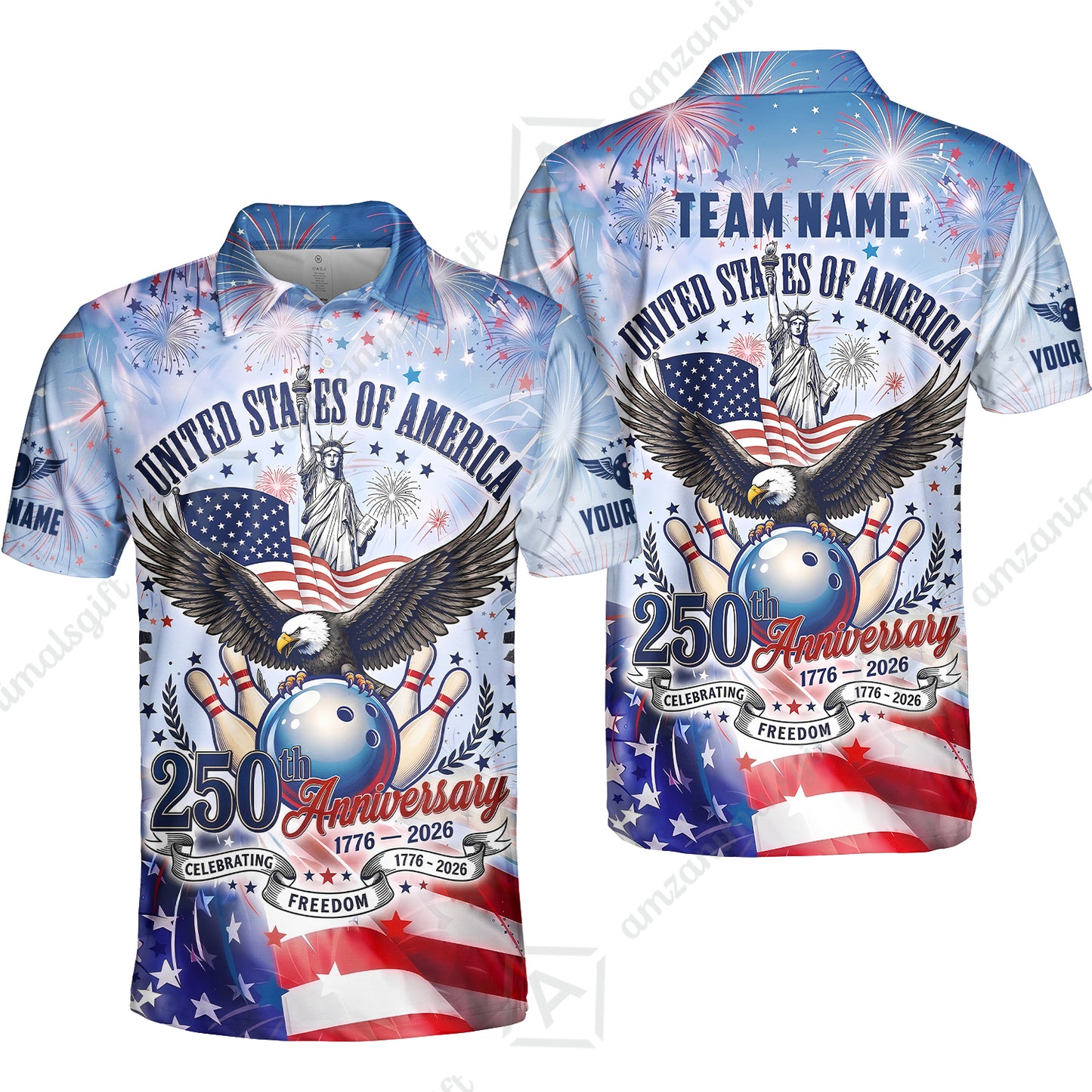 Custom Bowling Jersey Polo Shirt, 250 Years Anniversary USA, Personalize Name and Team Name