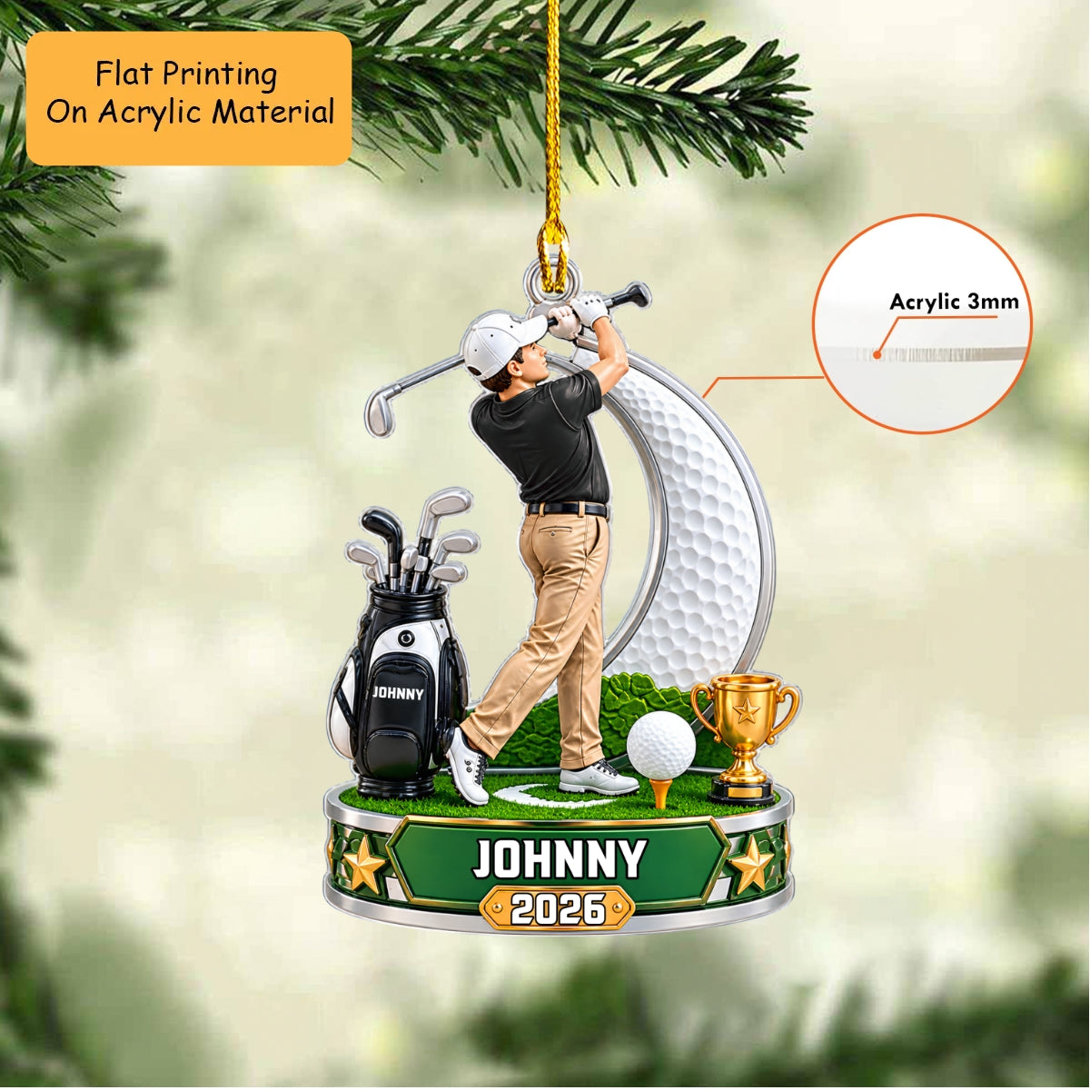 Personalized Golf Christmas Flat Printed Acrylic Ornament, Golf Tournament, Custom Ornament Christmas Gift, Keychain Golf, Car Ornament Golf