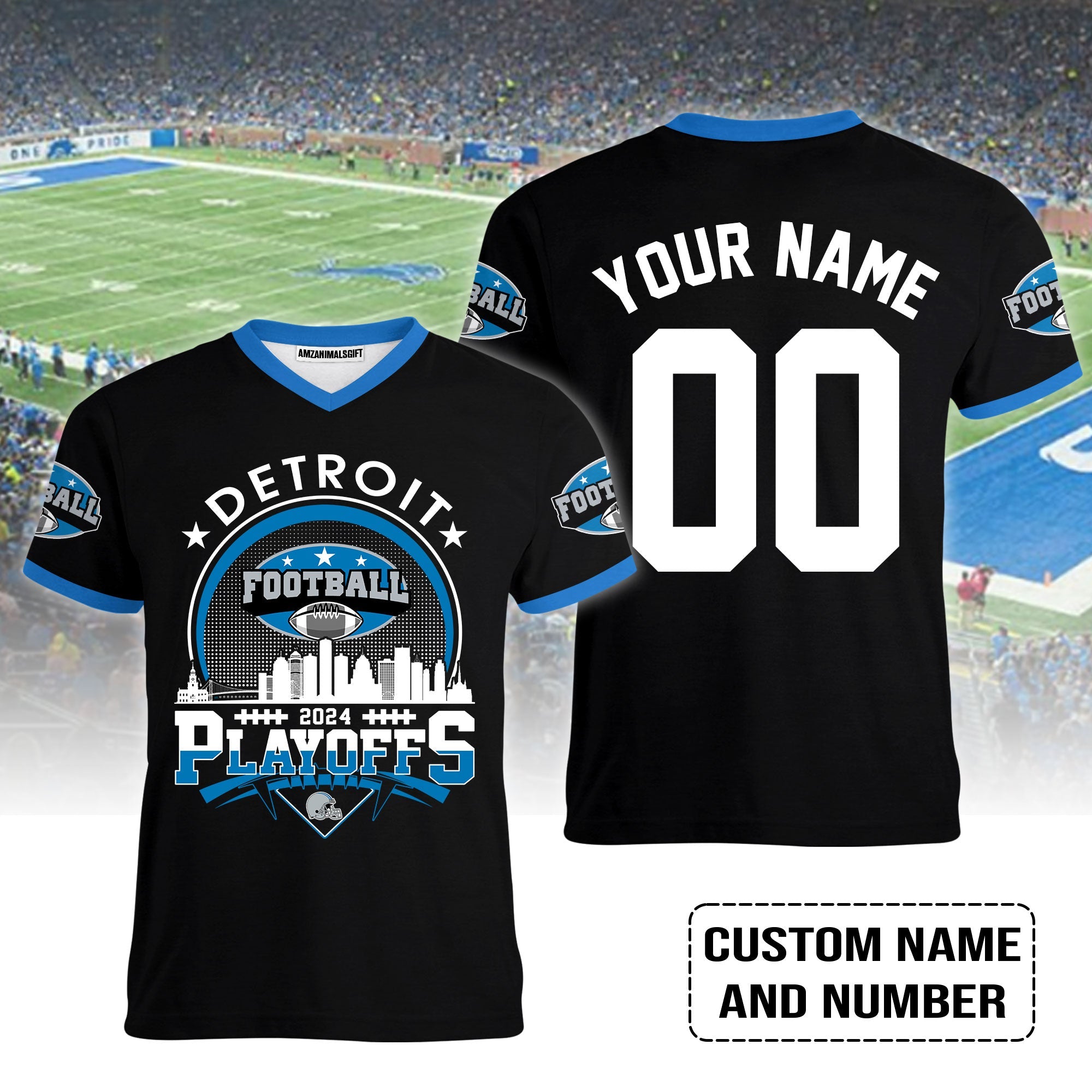 Detroit Football 2023-2024 Playoffs Skyline Custom Name V-neck, Detroit Game Day V-neck, Playoffs Shirts For Detroit Football Fans