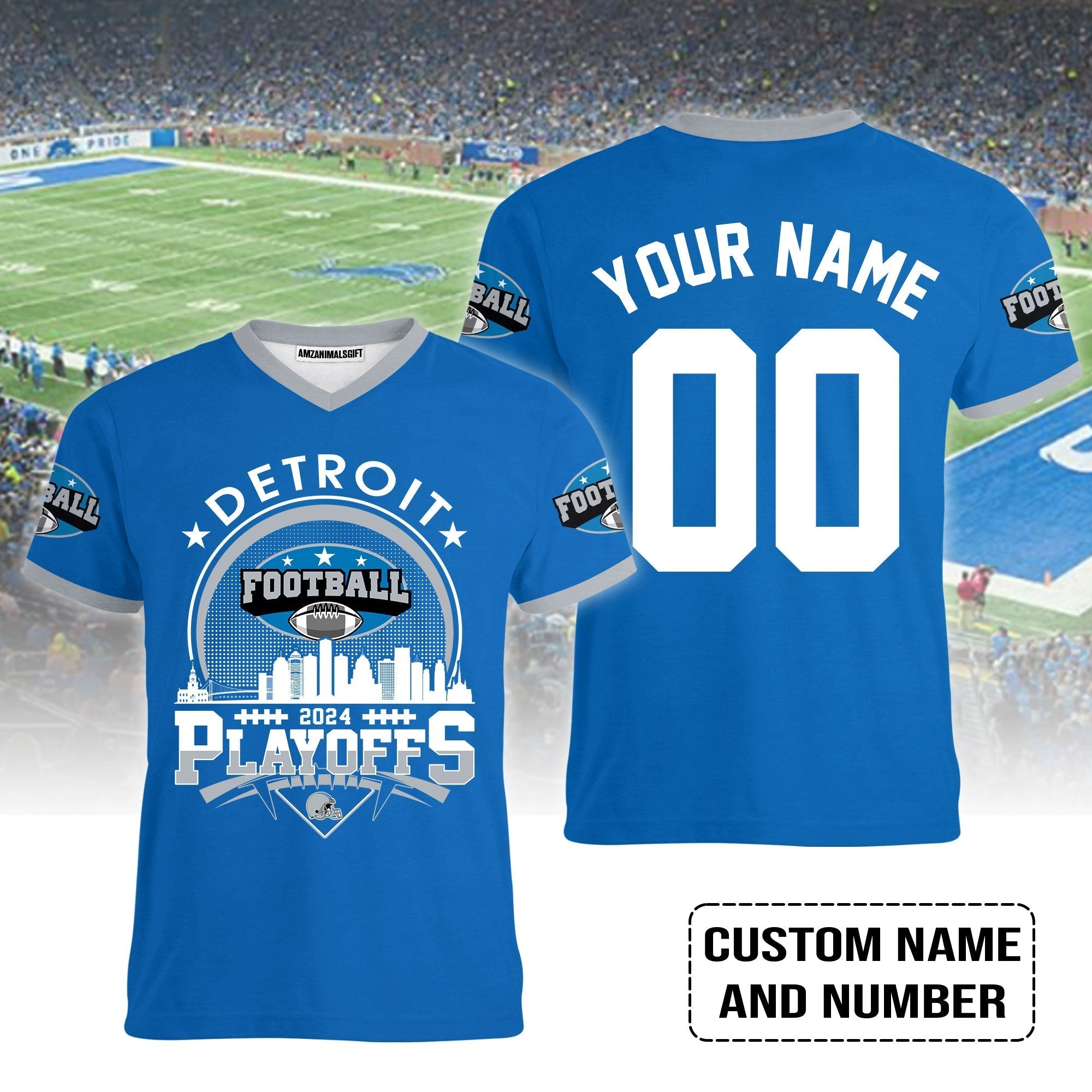 Detroit Football 2023-2024 Playoffs Skyline Custom V-neck, Detroit Game Day V-neck, Playoffs Shirts For Detroit Football Fans