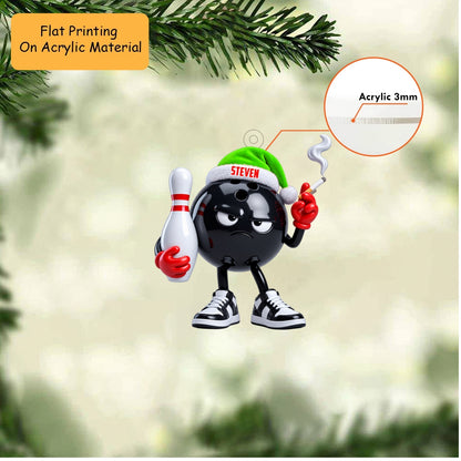Personalized Badass Bowler Christmas Ornament, Grumpy Black Ball Smoking Cigarette, Custom Ornament Christmas Gift, Keychain Bowling, Car Ornament Bowling