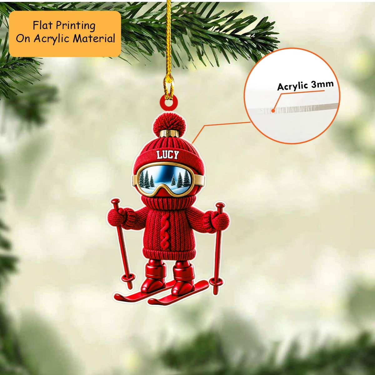 Personalized Skiing Christmas Ornament, Knit Texture Skier Mascot, Custom Ornament Christmas Gift, Keychain Skiing, Car Ornament Skiing