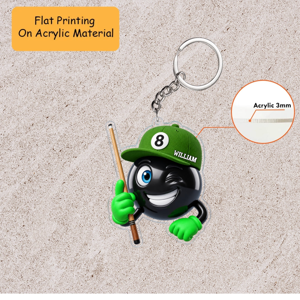Personalized Billiards Christmas Ornament, Winking 8 Ball Mascot Holding Cue, Custom Ornament Christmas Gift, Keychain Billiards, Car Ornament Billiards