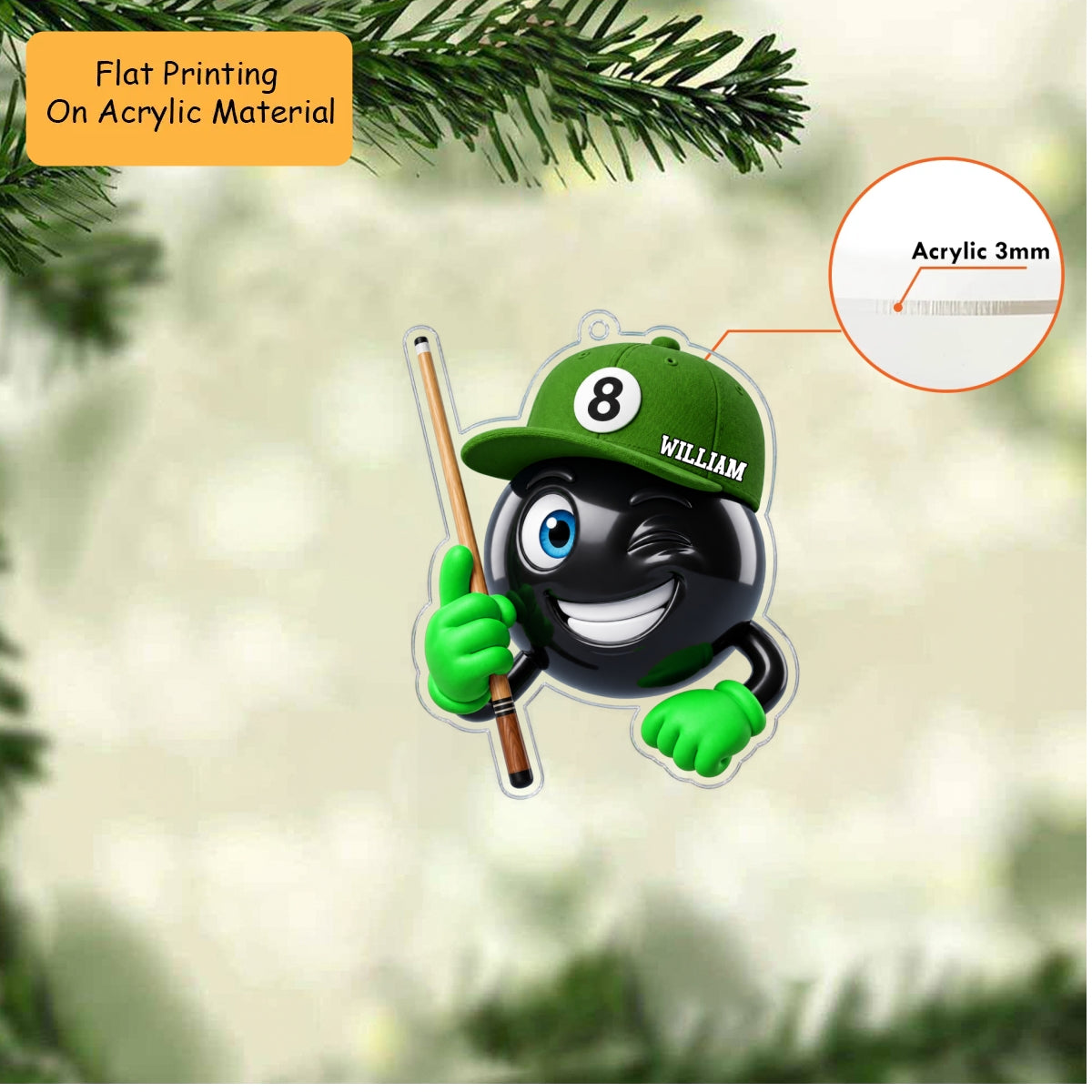 Personalized Billiards Christmas Ornament, Winking 8 Ball Mascot Holding Cue, Custom Ornament Christmas Gift, Keychain Billiards, Car Ornament Billiards