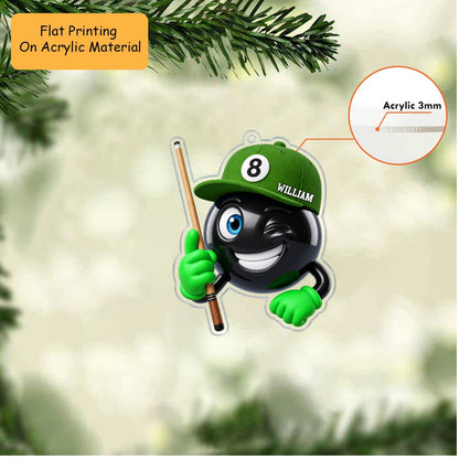 Personalized Billiards Christmas Ornament, Winking 8 Ball Mascot Holding Cue, Custom Ornament Christmas Gift, Keychain Billiards, Car Ornament Billiards