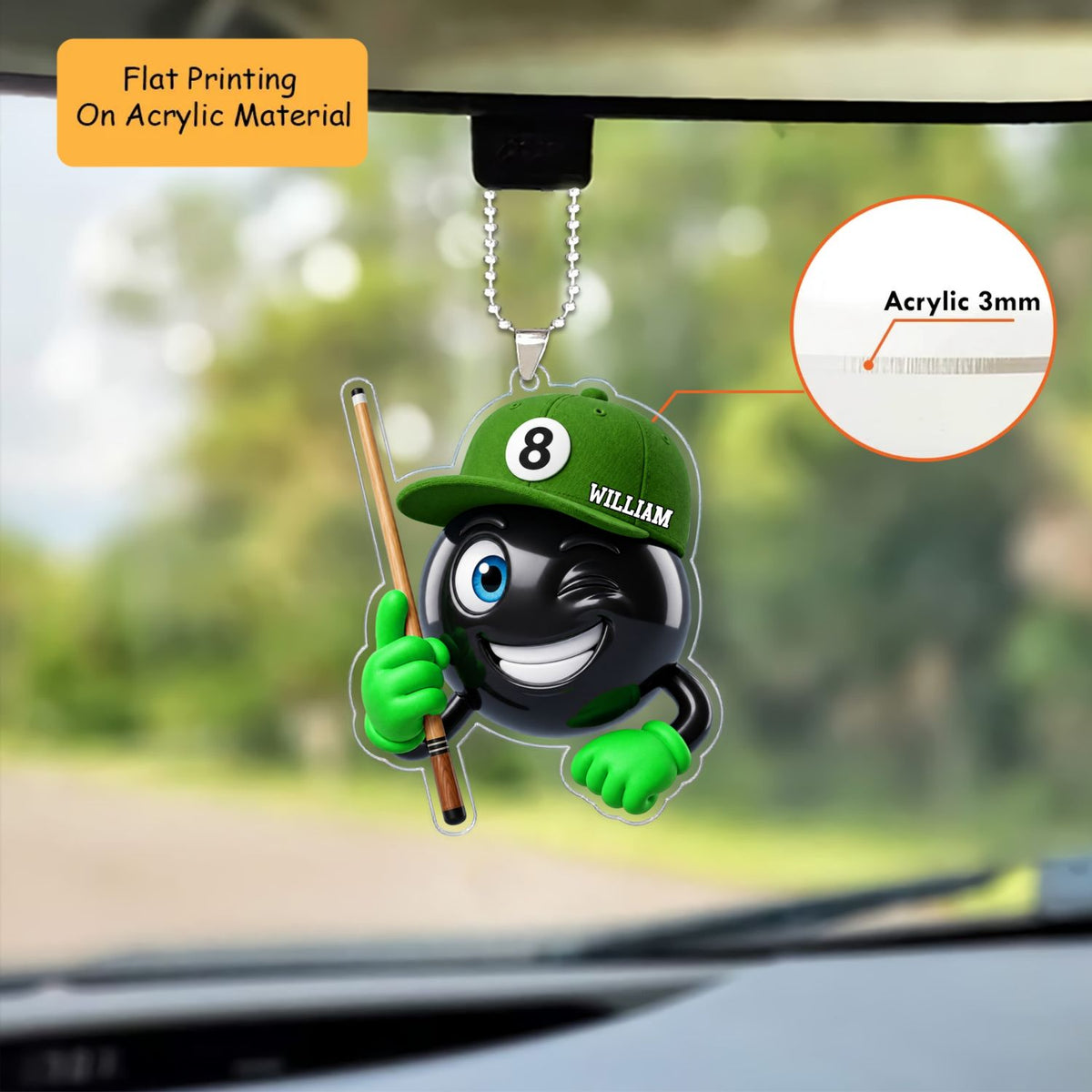 Personalized Billiards Christmas Ornament, Winking 8 Ball Mascot Holding Cue, Custom Ornament Christmas Gift, Keychain Billiards, Car Ornament Billiards