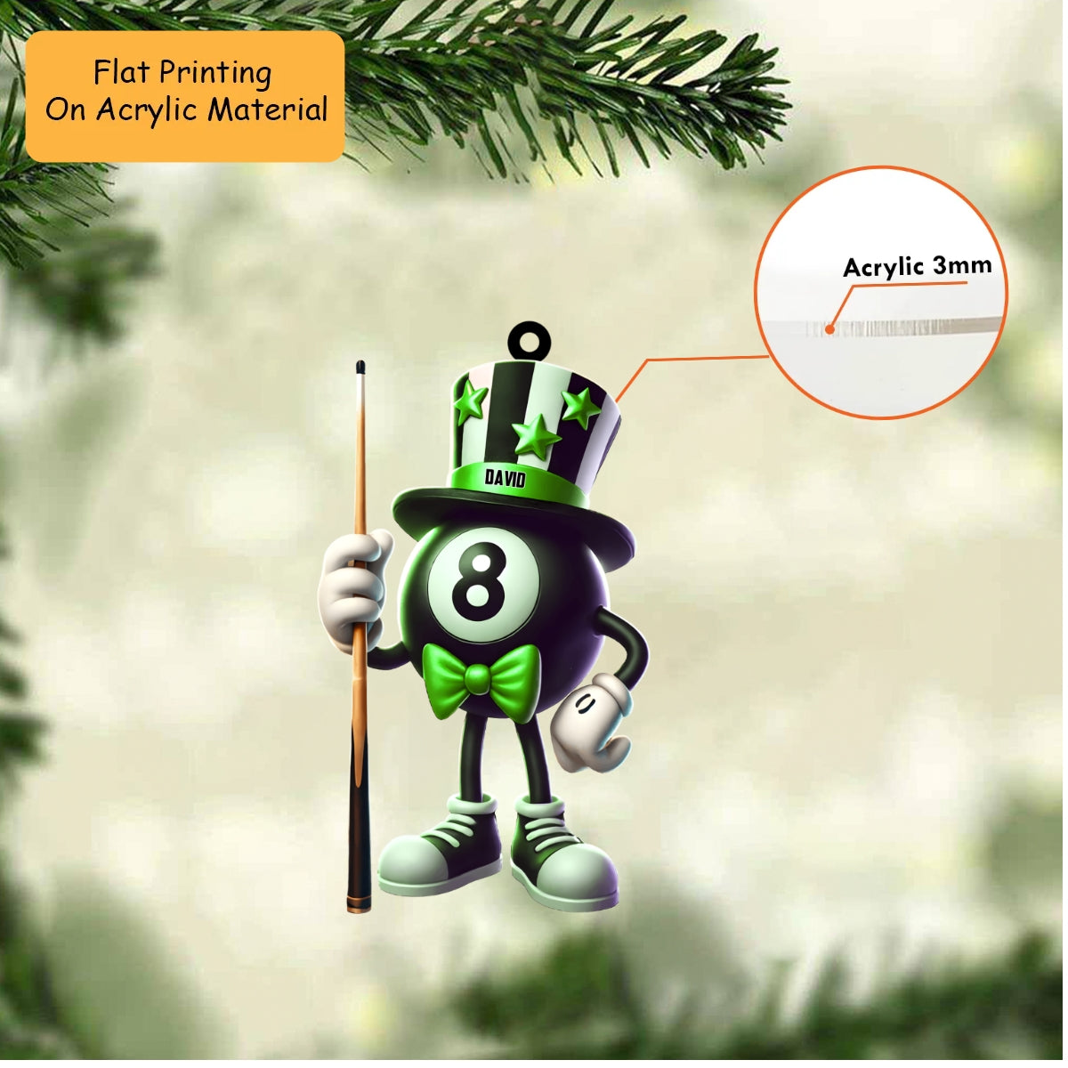 Personalized Billiards Christmas Ornament, Dapper Ball Top Hat Mascot, Custom Ornament Christmas Gift, Keychain Bowling, Car Ornament Bowling