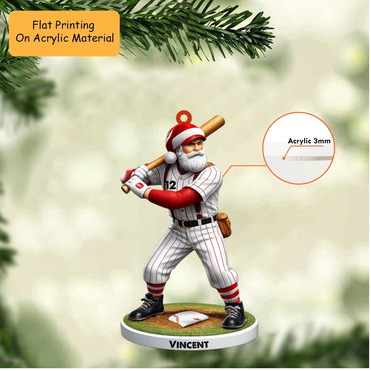 Personalized Baseball Christmas Ornament, Christmas Baseball Santa Pose, Custom Ornament Christmas Gift, Keychain Baseball, Car Ornament Baseball