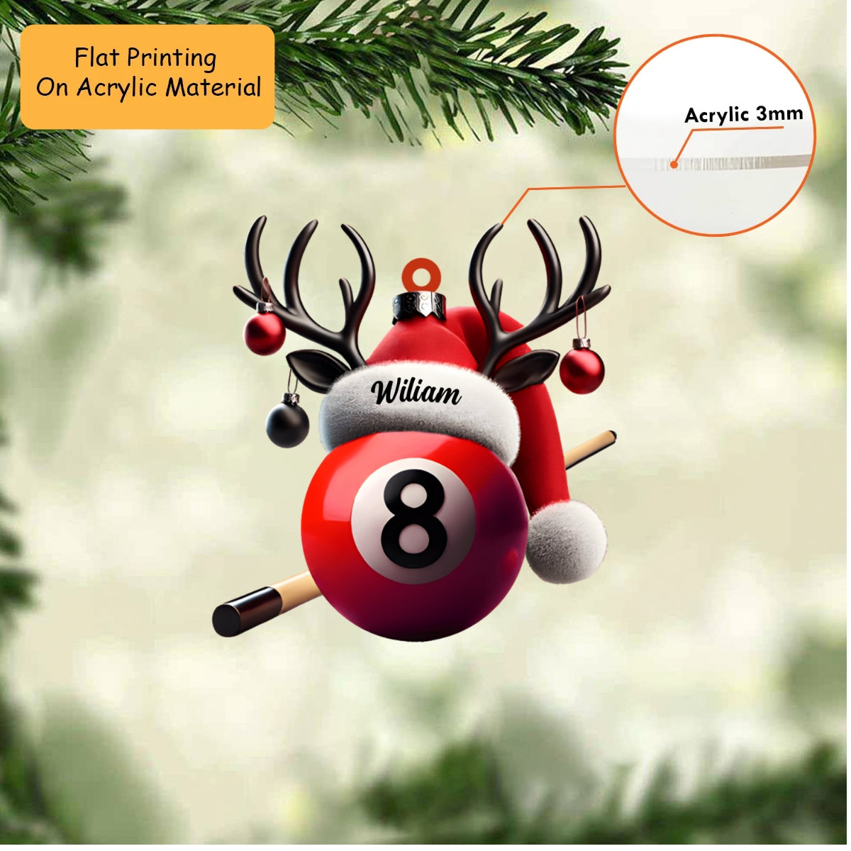 Personalized Billiards Christmas Ornament, Pool Ball With Reindeer Antlers, Custom Ornament Christmas Gift, Keychain Bowling, Car Ornament Bowling
