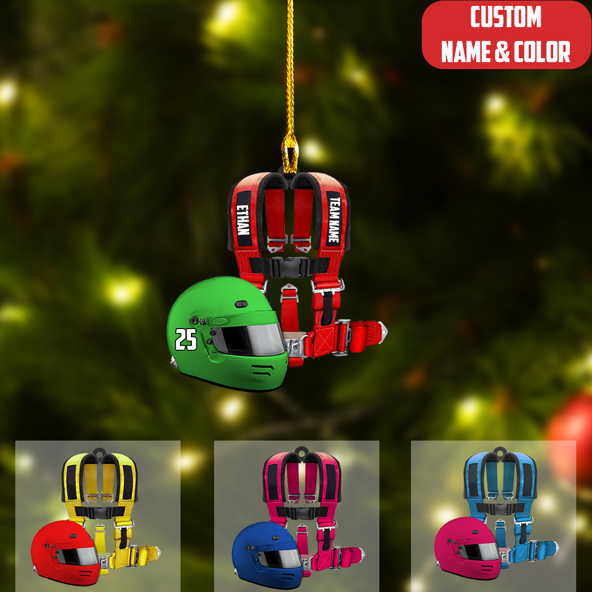 Personalized Auto Racing Christmas Ornament, Racing Helmet And Safety Harness, Custom Ornament Christmas Gift, Keychain Racing, Car Ornament Racing