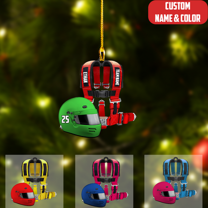Personalized Auto Racing Christmas Ornament, Racing Helmet And Safety Harness, Custom Ornament Christmas Gift, Keychain Racing, Car Ornament Racing