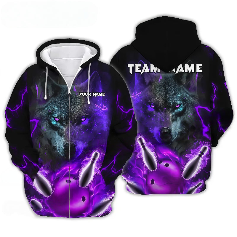 Wolf Graphic Purple Lightning Zip Hoodie