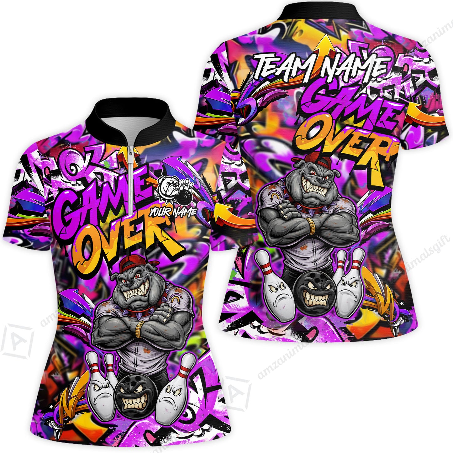 Customized Bowling Unisex Polo Shirt, Cool BullDog With Angry Bowling Game Over - Personalized Name And Team Name