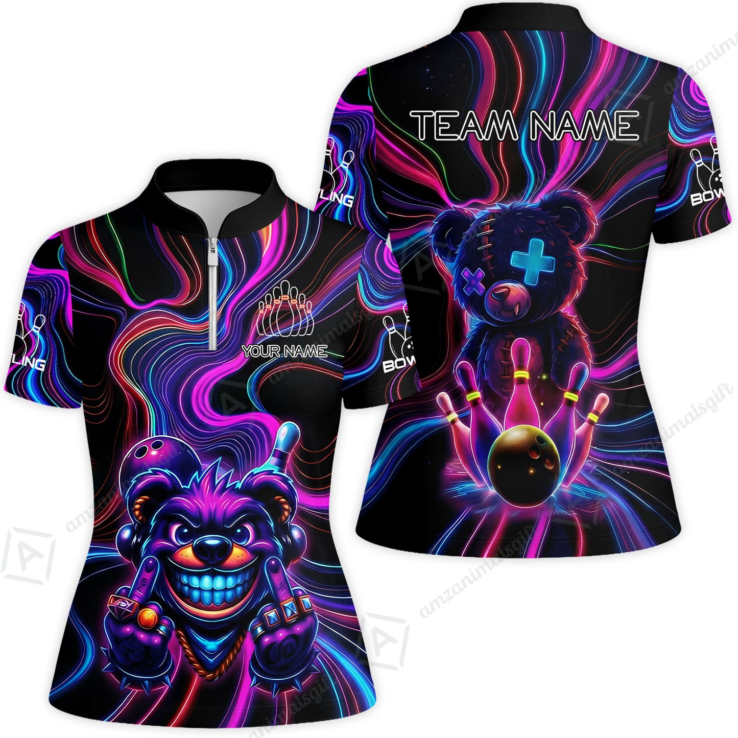 Customized Bowling Unisex Polo Shirt, Crazy Neon Bear Bowling Strike, Bowling Uniform - Personalized Name And Team Name