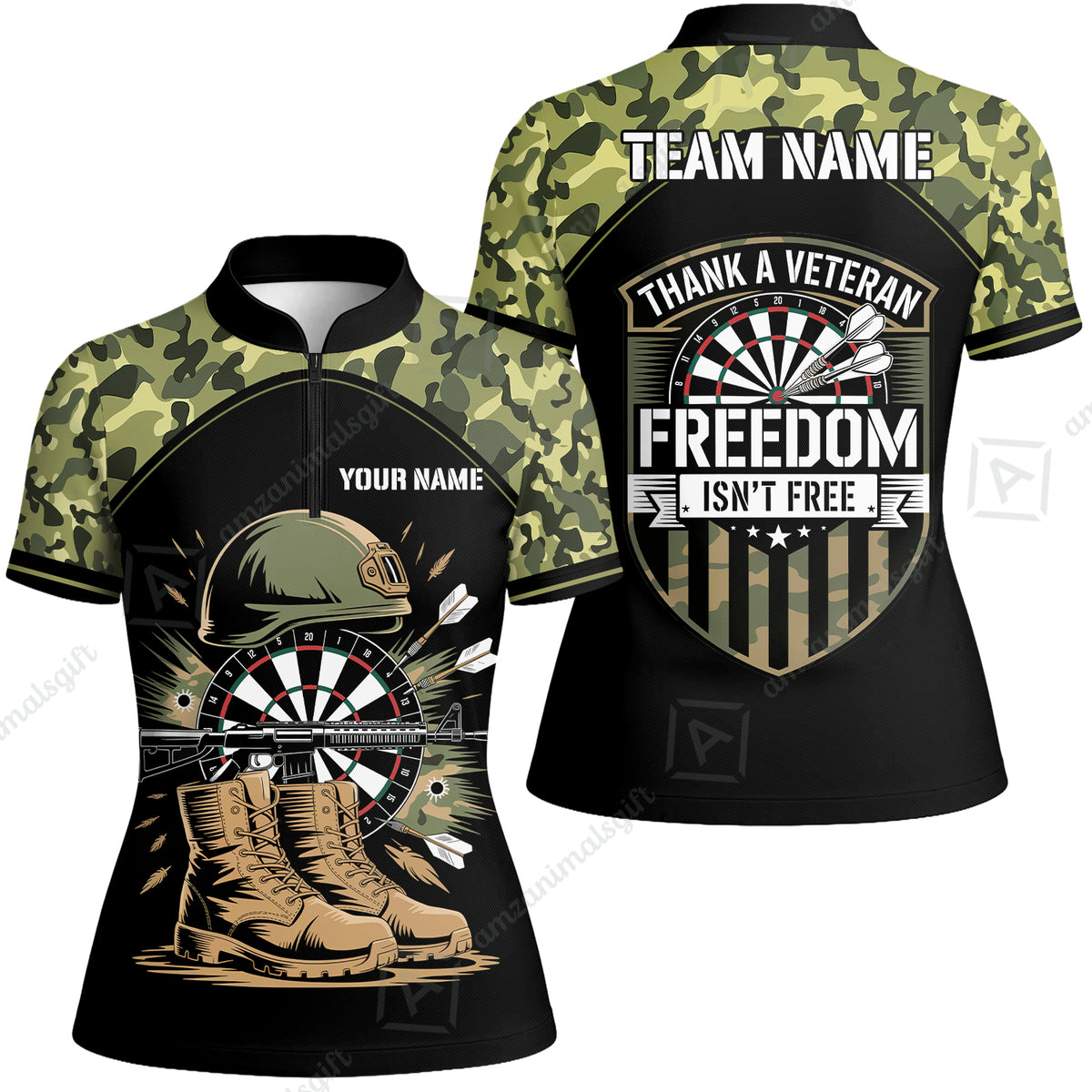 Custom Military Green Camouflage Dartboard Collar Quater-Zip Jersey Team Shirts, Customized Name Team Name Darts Team Jerseys Uniform
