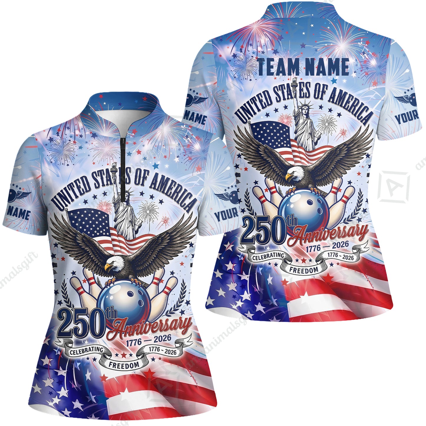 Custom Bowling Jersey Polo Shirt, 250 Years Anniversary USA, Personalize Name and Team Name