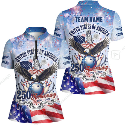 Custom Bowling Jersey Polo Shirt, 250 Years Anniversary USA, Personalize Name and Team Name