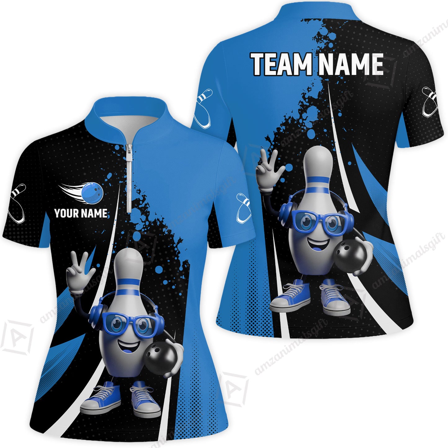 Customized Bowling Unisex Polo Shirt, Halftone Bowling Pin Wearing Headphones Sunglasses, Personalized Name And Team Name
