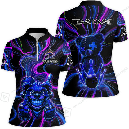 Customized Bowling Unisex Polo Shirt, Crazy Neon Bear Bowling Strike, Bowling Uniform - Personalized Name And Team Name