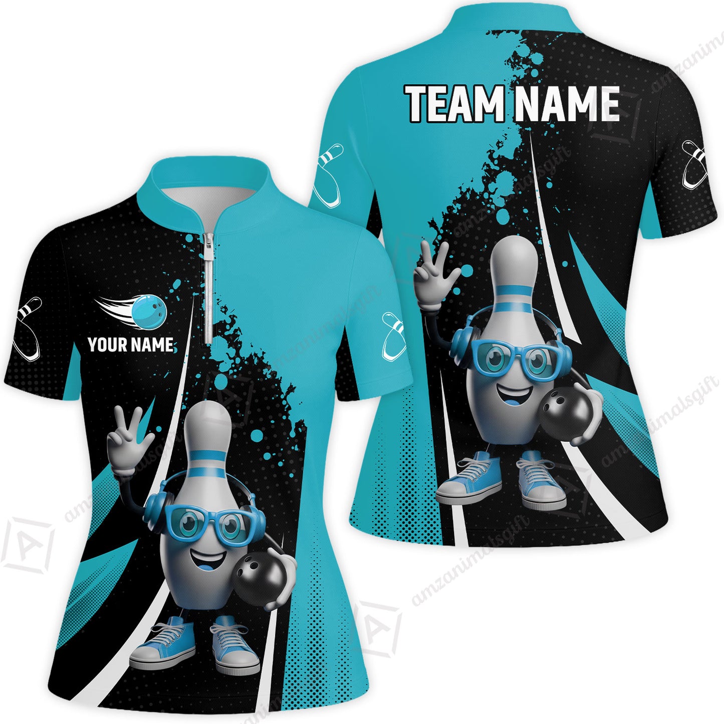 Customized Bowling Unisex Polo Shirt, Halftone Bowling Pin Wearing Headphones Sunglasses, Personalized Name And Team Name