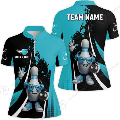 Customized Bowling Unisex Polo Shirt, Halftone Bowling Pin Wearing Headphones Sunglasses, Personalized Name And Team Name