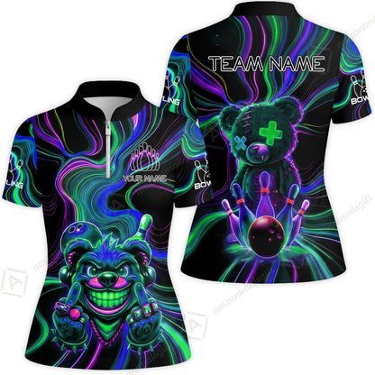Customized Bowling Unisex Polo Shirt, Crazy Neon Bear Bowling Strike, Bowling Uniform - Personalized Name And Team Name