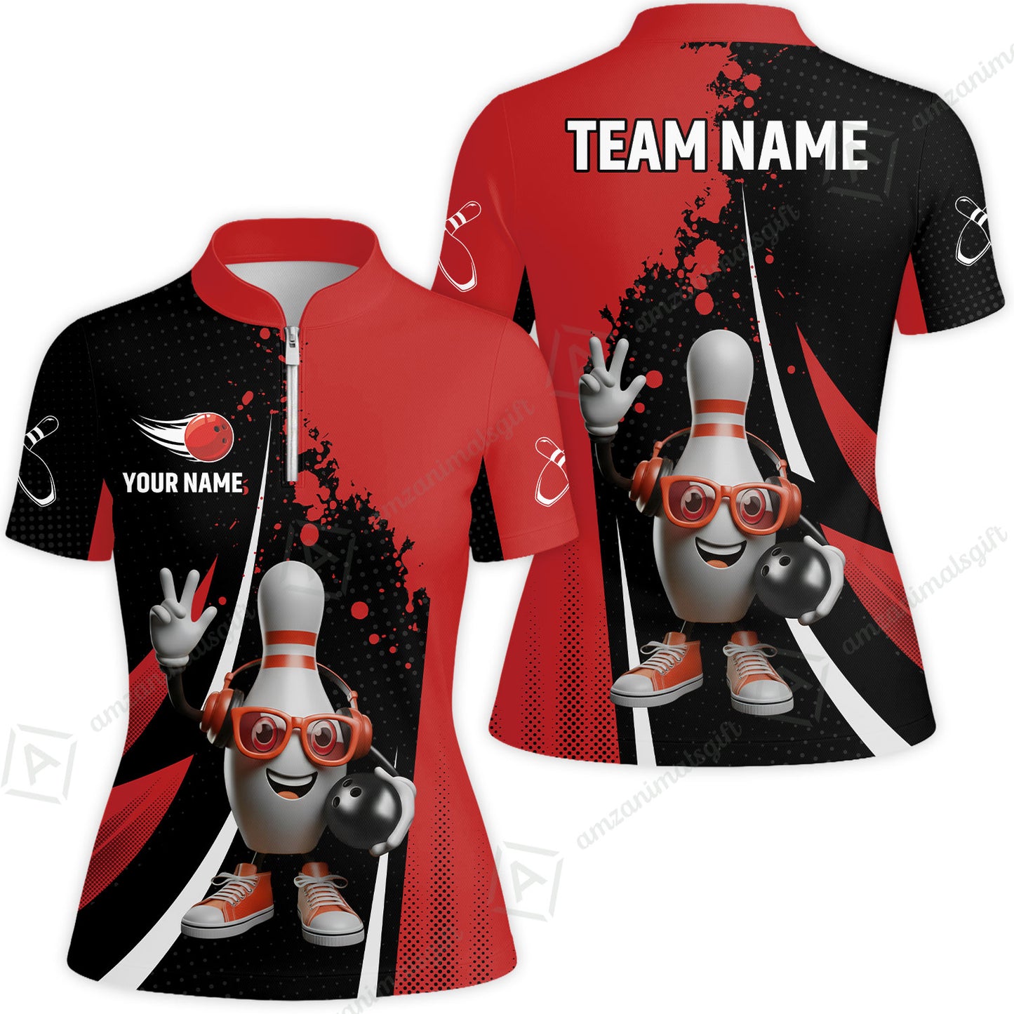 Customized Bowling Unisex Polo Shirt, Halftone Bowling Pin Wearing Headphones Sunglasses, Personalized Name And Team Name