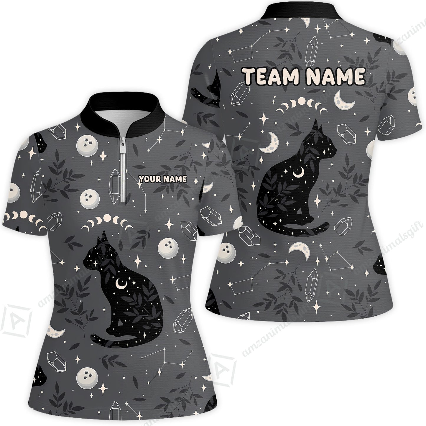 Custom Bowling Jersey Polo Shirt, Black Cat Moon Bowling Grass, Personalized Name And Team Name