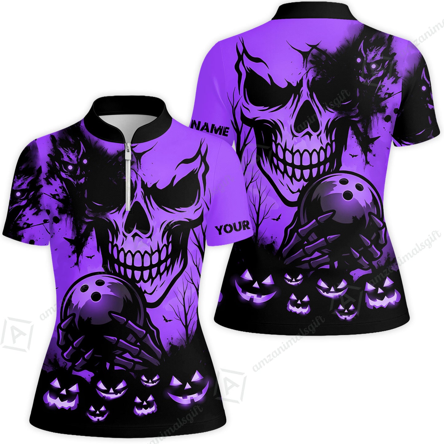 Custom Bowling Jersey Polo Shirt, Pumpkins Skull Halloween, Custom Bowling Jersey Team Shirt For Players With Name & Team Name