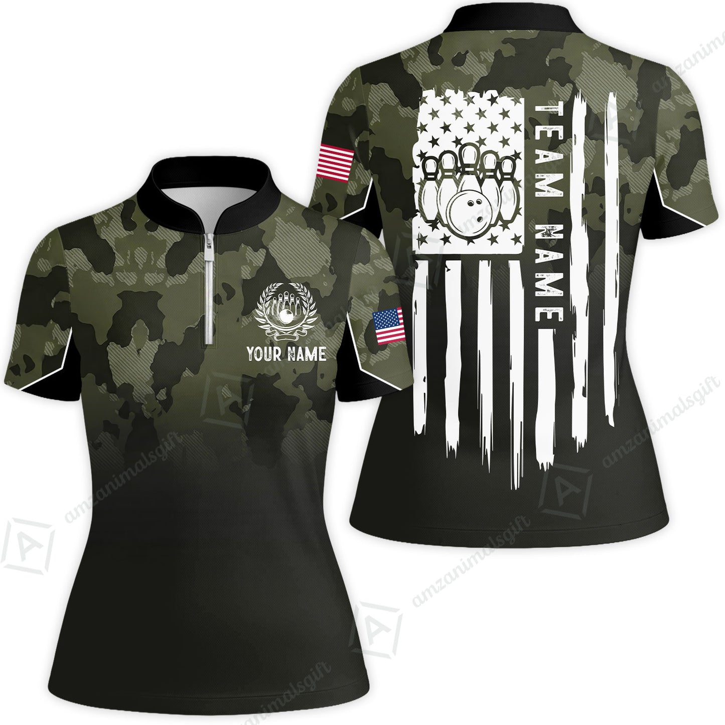 Custom Bowling Polo Shirt, Distressed American Flag Bowling Custom Bowling Polo Team Shirt For Players With Name & Team Name
