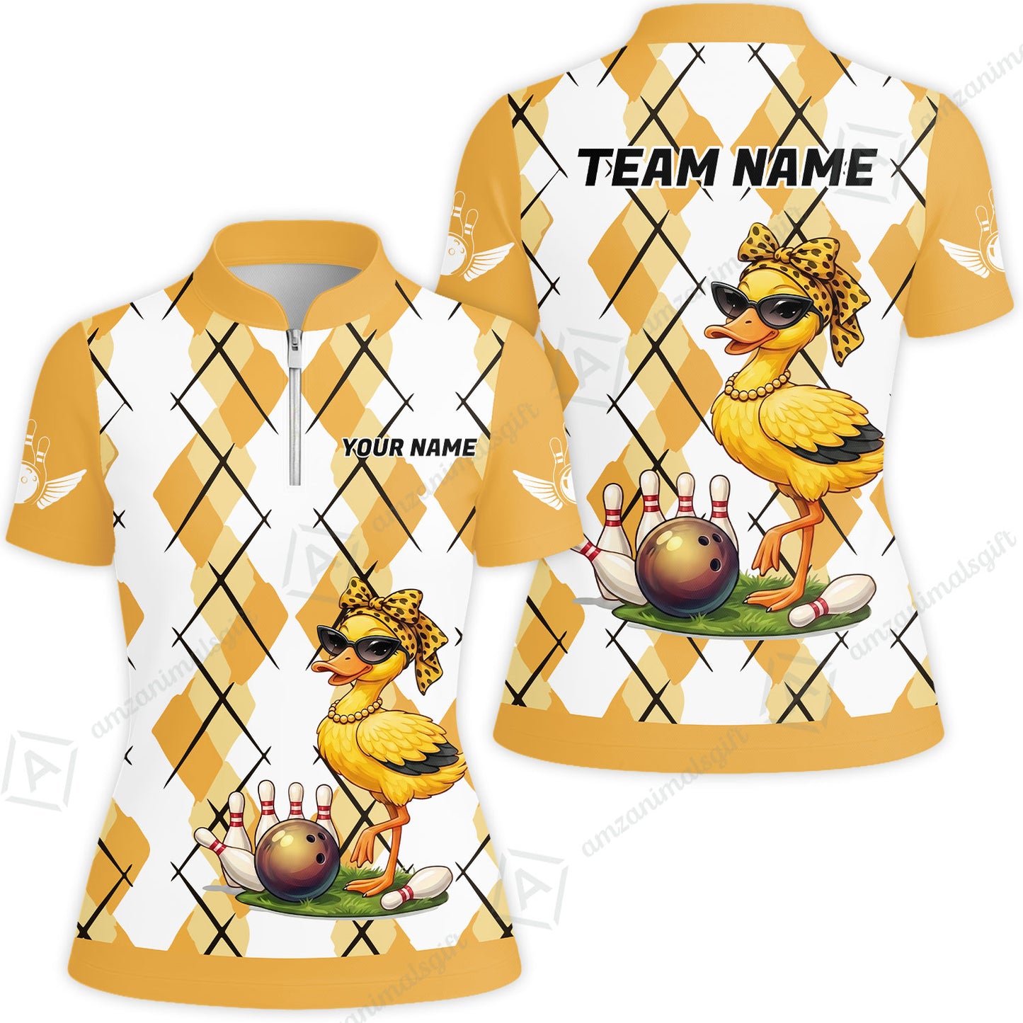 Custom Bowling Jersey Polo Shirt, Sassy Diva Duckling Argyle, Custom Bowling Jersey Team Shirt For Players With Name and Team Name