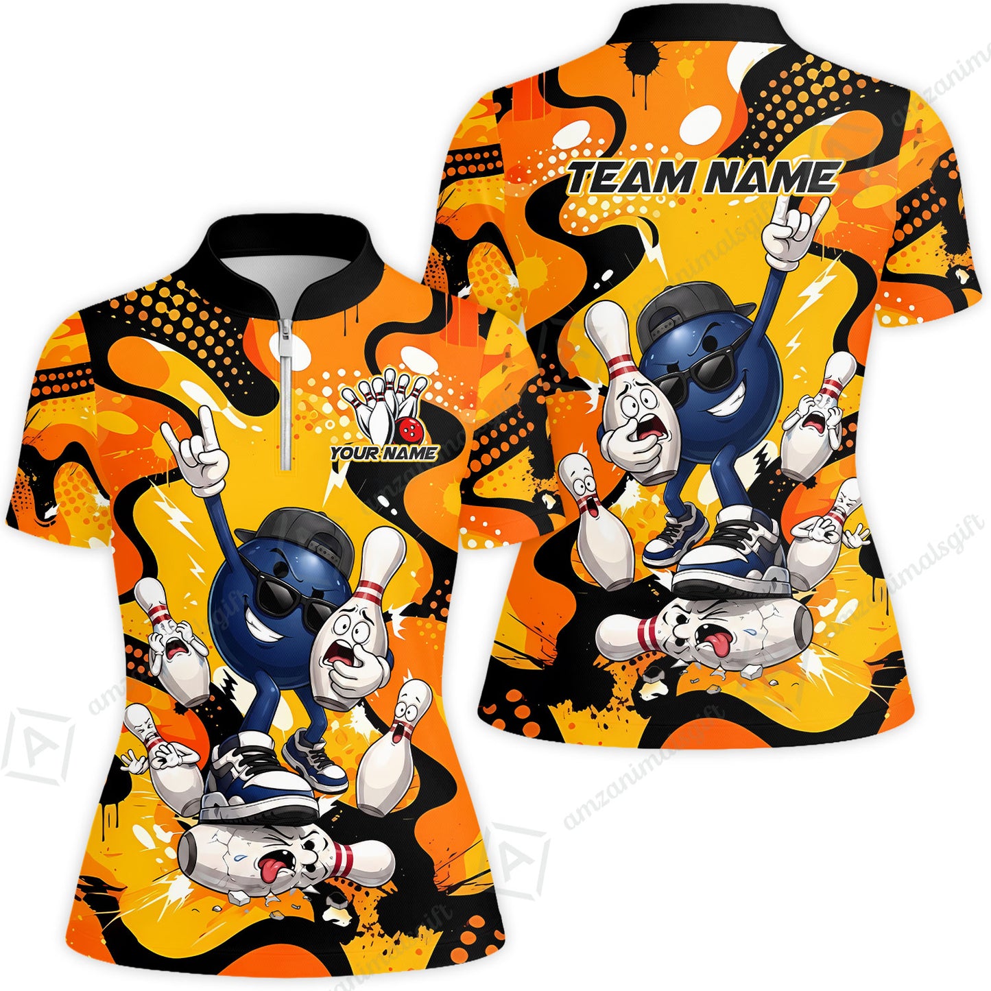 Custom Bowling Jersey Polo Shirt, Bowling Comic Book Art Orange Dot Flat Design, Personalize Name and Team Name