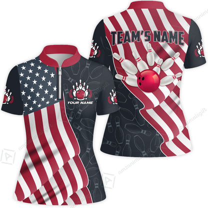 Customized Bowling Unisex Polo Shirt, Bowling America Flag Waving, Bowling Uniform - Personalized Name And Team Name