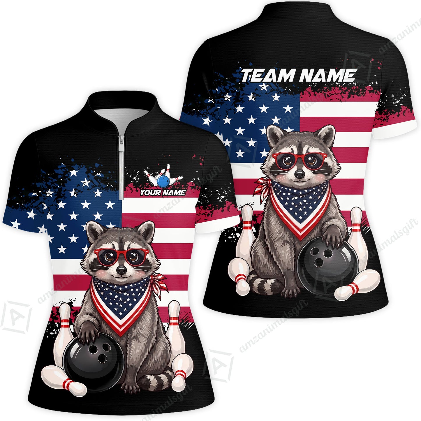 Custom Bowling Jersey Polo Shirt, Animal With Glasses And Bandana America Flag, Personalize Name & Team Name