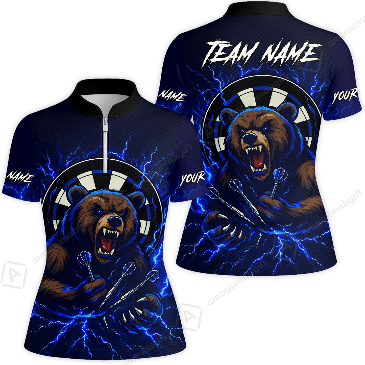 Custom Darts Team Long Sleeve Polo Shirt, Personalized Bear Thunder Lightning Darts Shirt with Name & Team Name