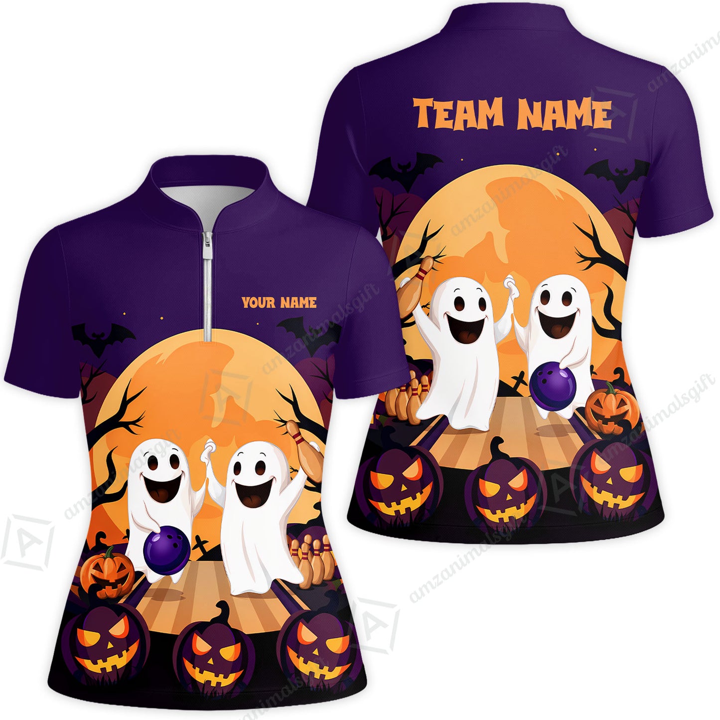 Custom Bowling Jersey Polo Shirt, Bowling Ghost Pumpkin Halloween, Personalized Name And Team Name