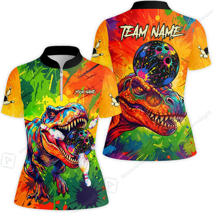 Custom Bowling Jersey Polo Shirt, Colorful Splatter T-Rex Dino, Custom Bowling Jersey Team Shirt For Players With Name and Team Name