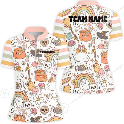 Customized Bowling Shirt, Mushroom Ghost Cute Rainbow Halloween Pattern Bowling, Personalized Polo Shirt For Players With Name & Team Name