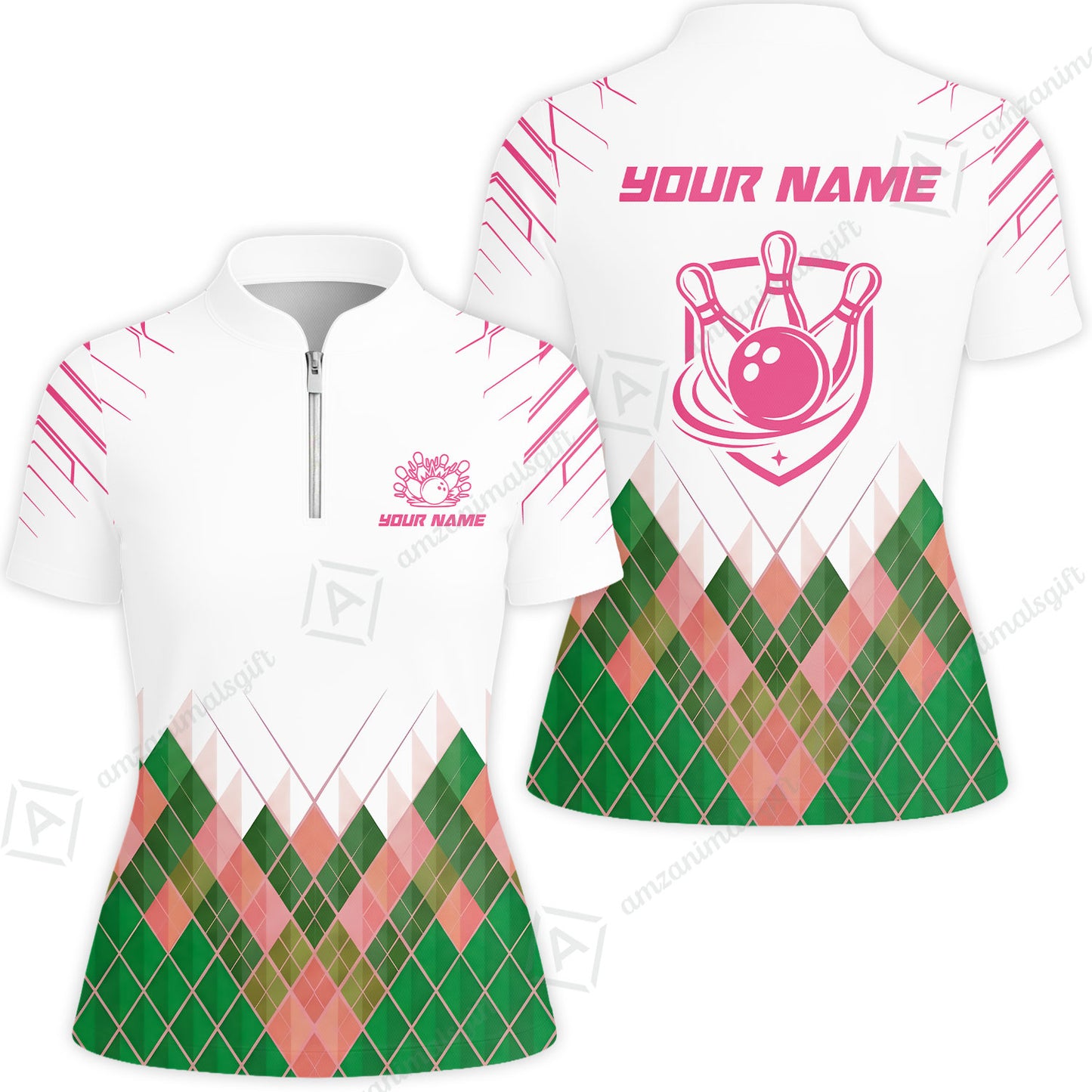 Custom Bowling Jersey Polo Shirt, Green Argyle Pattern Bowling Custom Bowling Jersey Team Shirt For Players With Name & Team Name