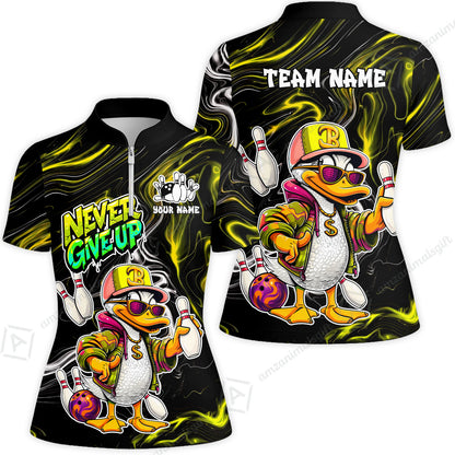 Custom Bowling Jersey Polo Shirt, Duck Never Give Up, Custom Bowling Jersey Team Shirt For Players With Name & Team Name