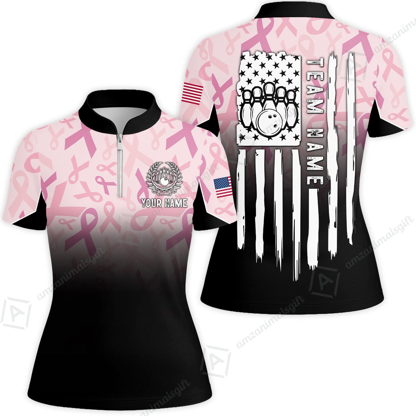 Custom Bowling Jersey Polo Shirt, Ribbon Breast Cancer Awareness Flag, Custom Bowling Jersey Team Shirt For Players With Name and Team Name