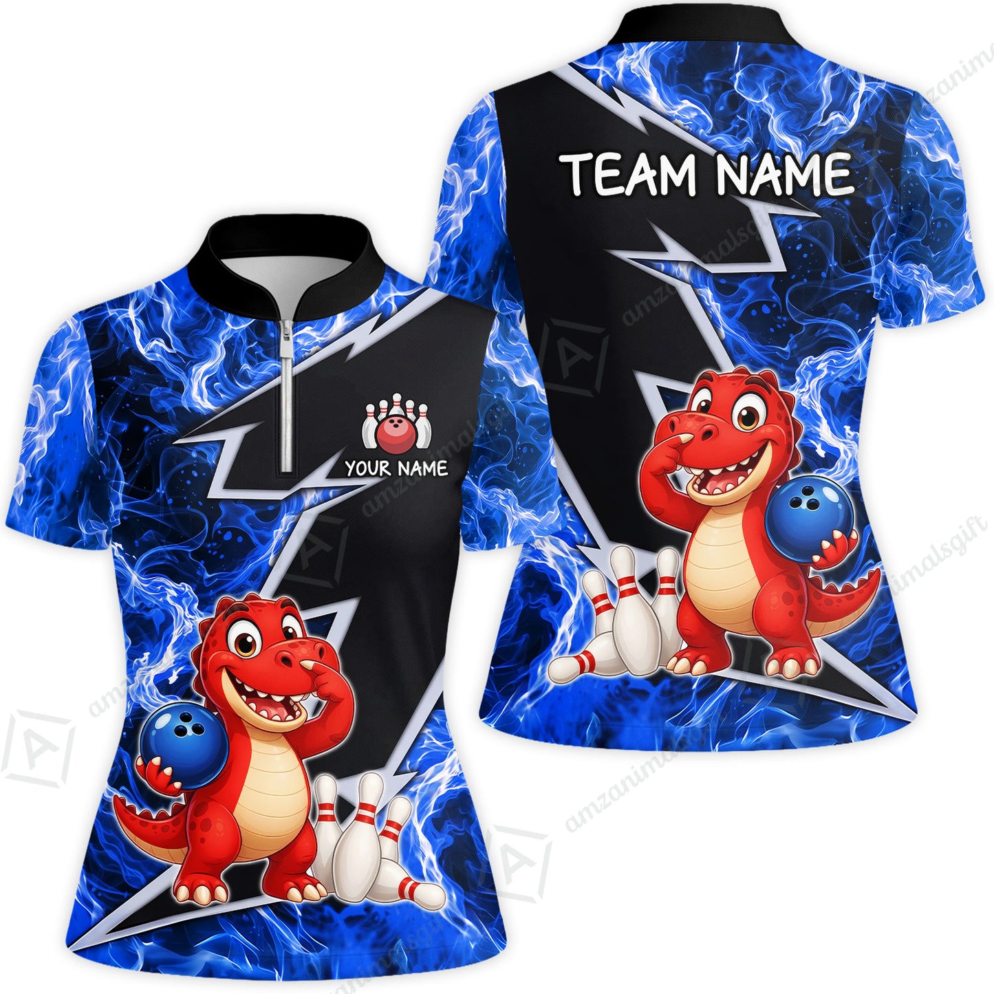 Custom Bowling Jersey Polo Shirt, Fire Lightning Dino Strike, Custom Bowling Jersey Team Shirt For Players With Name and Team Name