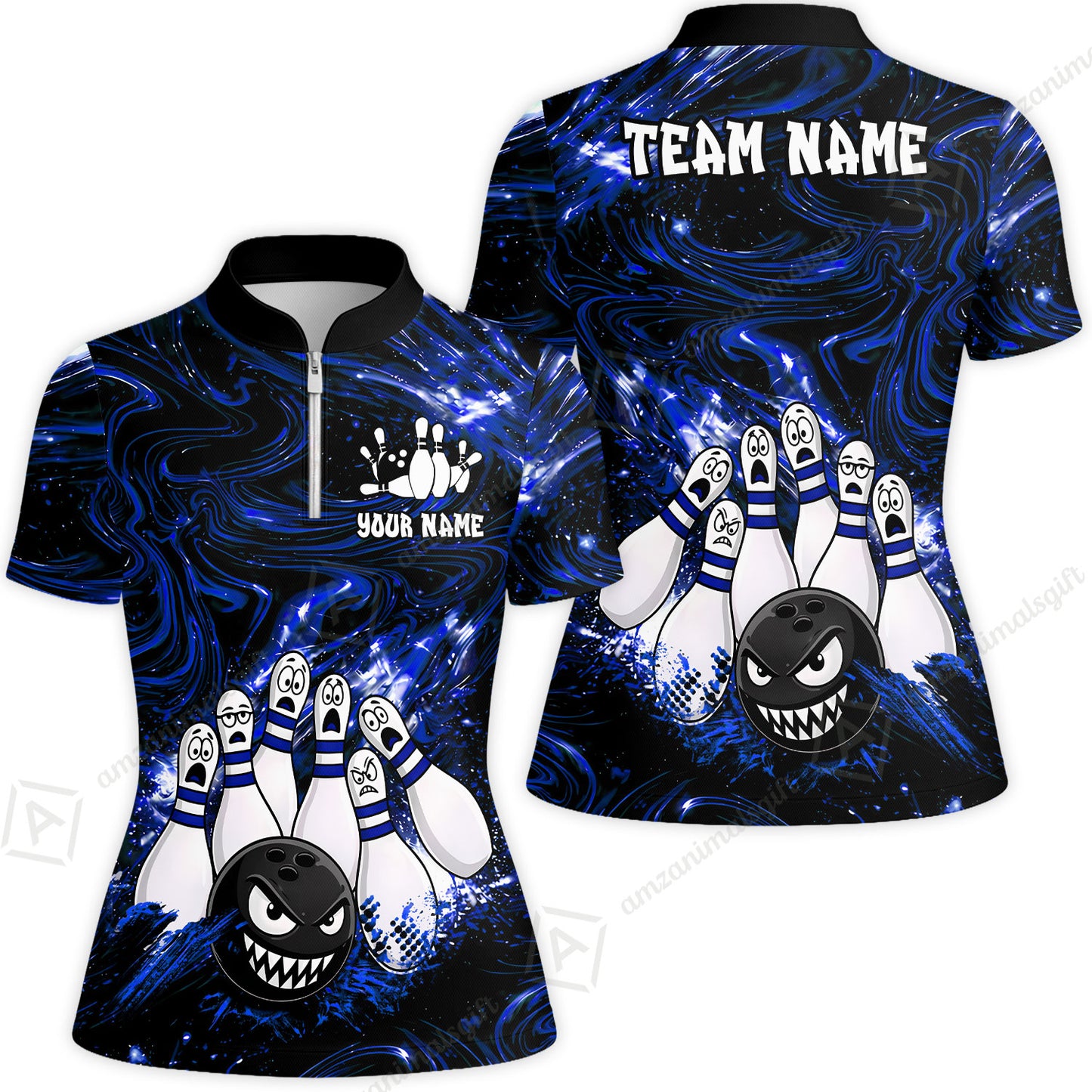 Customized Bowling Unisex Polo Shirt, Bowling Angry Ball VS Screaming Pins, Personalized Name And Team Name