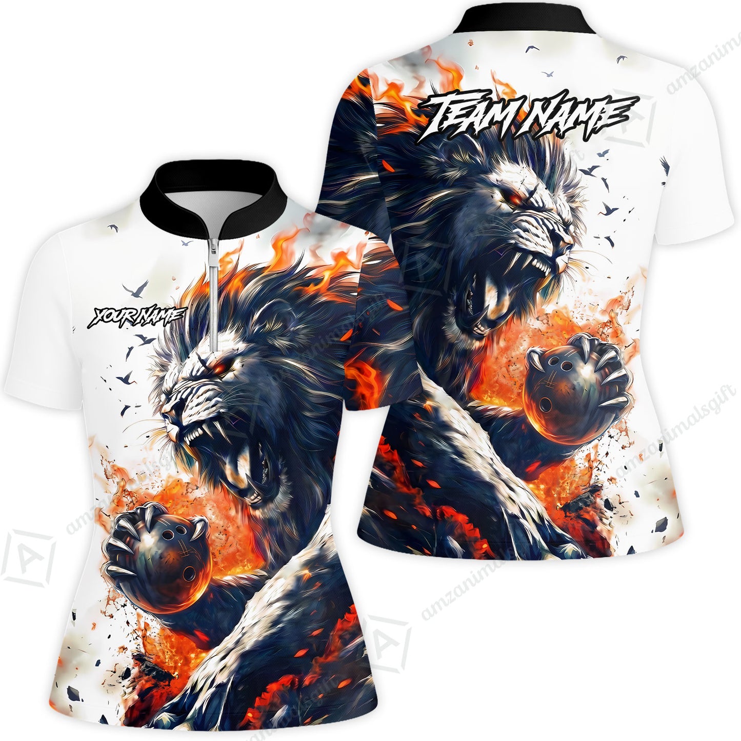 Custom Bowling Jersey Polo Shirt, Lion Fire Lava, Personalized Name And Team Name